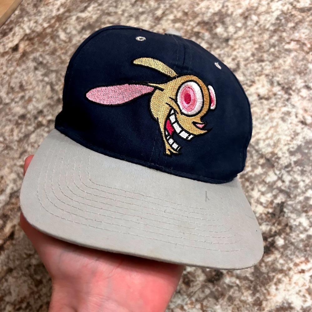 Vintage 1990's Ren & Stimpy Embroidered Snapback Hat Navy Gray Cartoon Hat